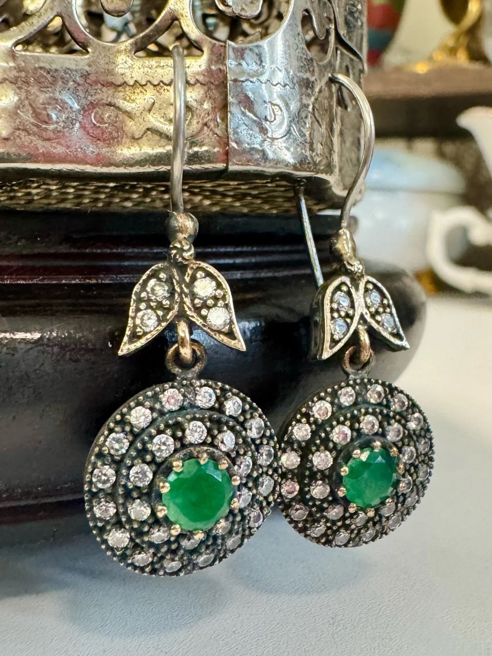 Vintage Ottoman Sterling Silver Emerald Hurrem Sultan Dangle Earrings